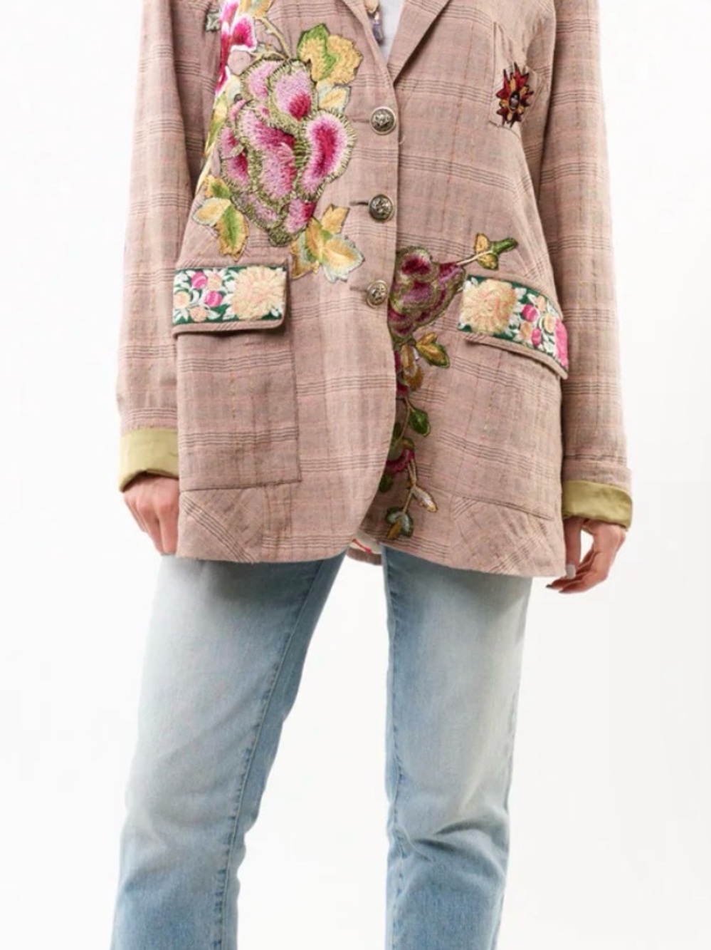 Aratta Blush Pink Plaid Blazer with Floral Embroidery - Picture 7 of 11